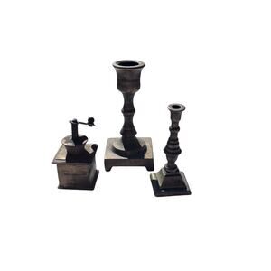 Miniature Brass Set 2 Candlesticks & A Coffee Grinder Collectibles Shadow Box
